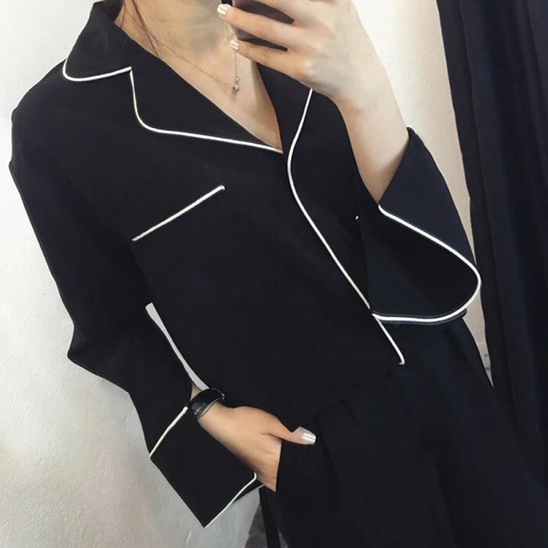 Women New Autumn Fashion Shirts Japanese Kimono Black White Long Sleeve Loose Tops Color Contrast Casual V Neck Blouse | Женская одежда