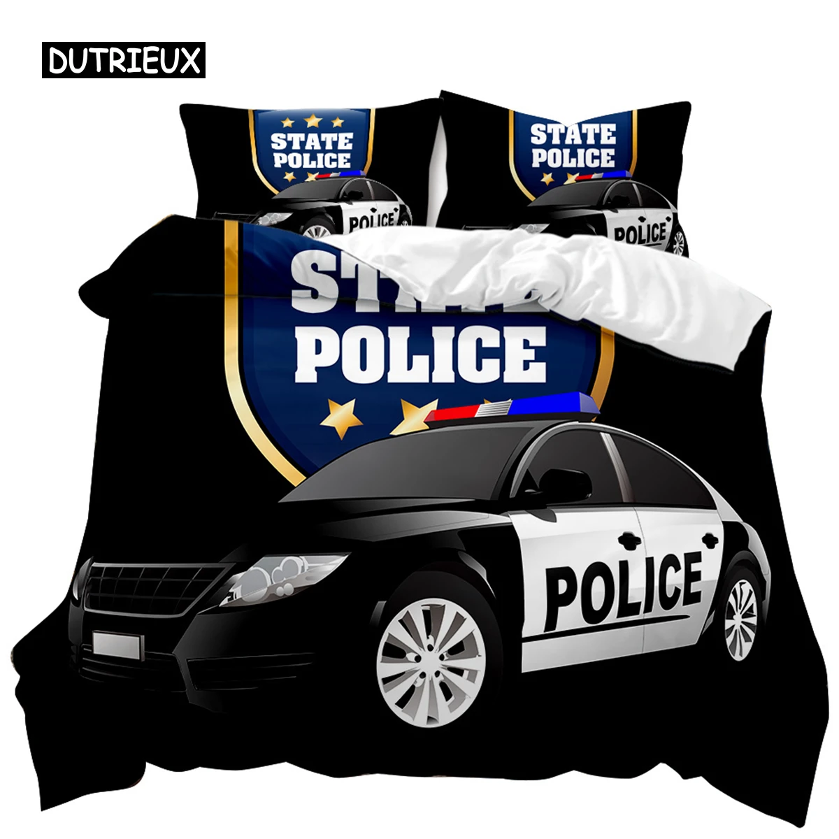 Police Car Duvet Cover Black Policeman Twin Bedding Set Cartoon Vehicle Comforter Red Cop Lights Polyester Quilt