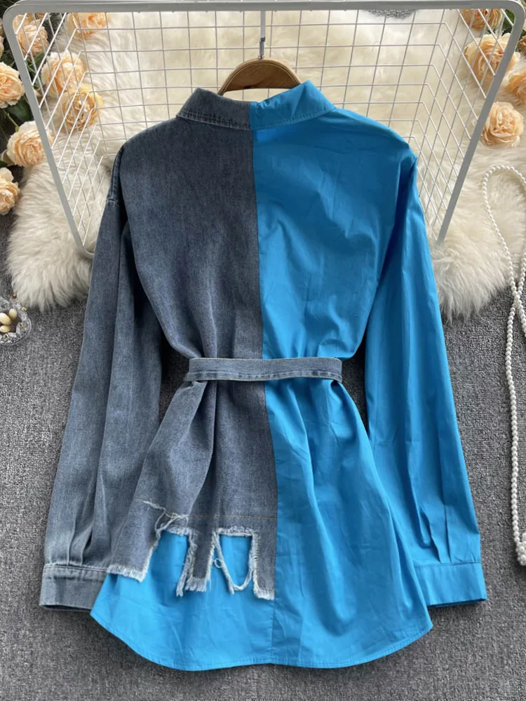 Женская джинсовая Блуза средней длины с длинным рукавом ремнем - купить по