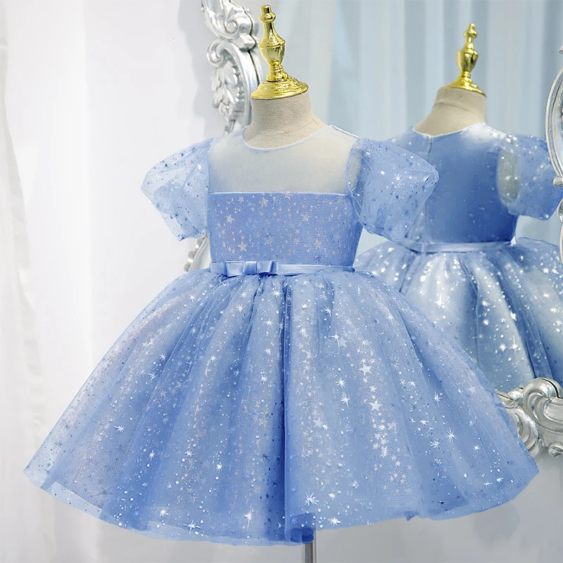 

Baby Girls Blue Tutu Gown 9M-5T Kids Puff Sleeve Stars Fairy Dress Princess Girl Party Dresses Birthday Elegant Formal Vestidos