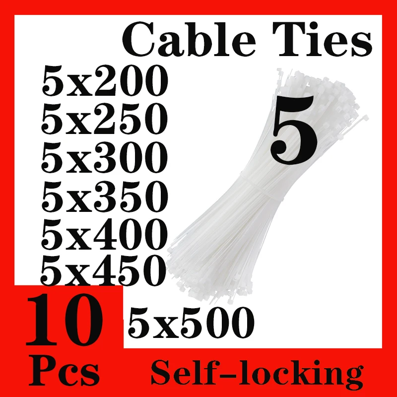 

10Pcs Plastic Nylon Cable Self-locking Cable Tie Fastening Ring Wire 5x200/250/300/350/400/500 Zip Wraps Strap Nylon Cable Tie