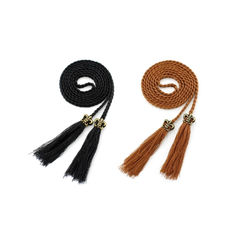 

50JB Handmade Braided Women Waist Belt Vintage Thin Bohemian Belts with Tassels Decors Decorative Women Dress Waist Belt