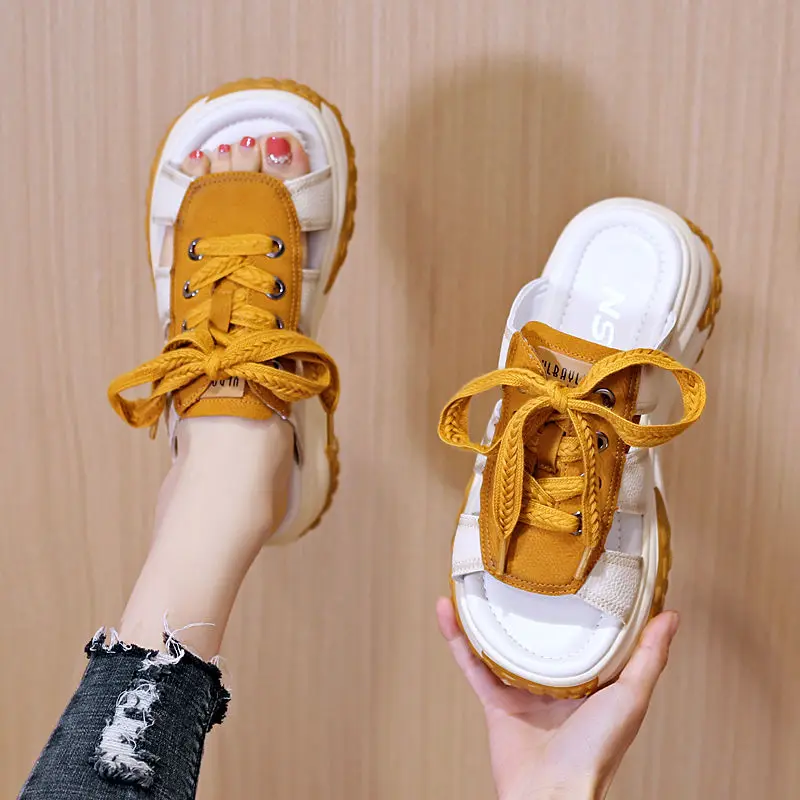 Thick Bottom Casual Sandals Women's 2023 Summer New Soft Bottom Non-Slip Lace-up Dad Shoes All-Match Sports Flip Flops