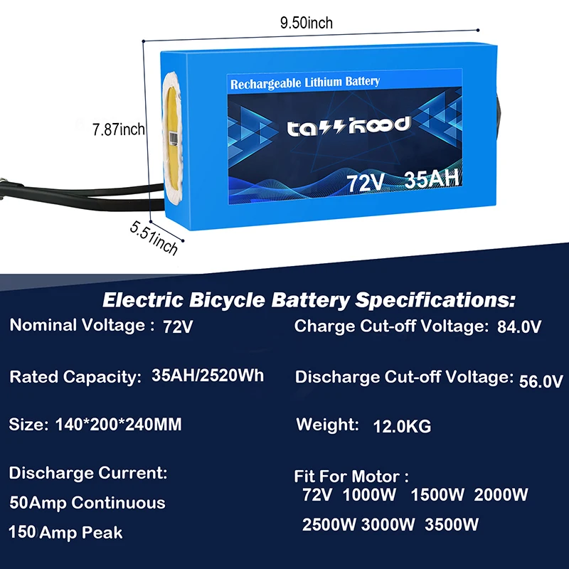 Комплект литиевых батарей 72 в 3000 Вт для самостоятельной сборки 35 А · ч 2000