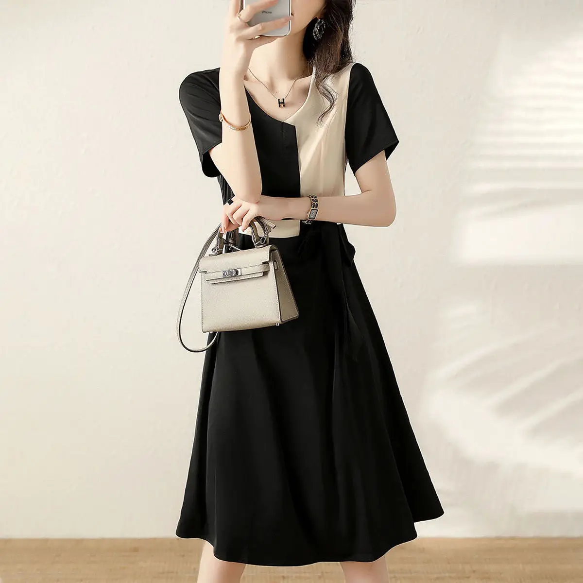 

Temperament Satin Lace Up Color Contrast Dress Irregular Waistband Short Sleeve Knee Length Dress