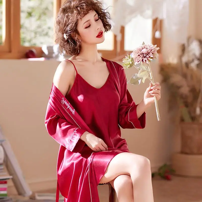 2Pcs Sexy Robe Women's Pajamas Set V-Neck Sleepwear Lace Night Dress Home Clothes Nightwear Lingerie Robes Suit Oversize Nightie