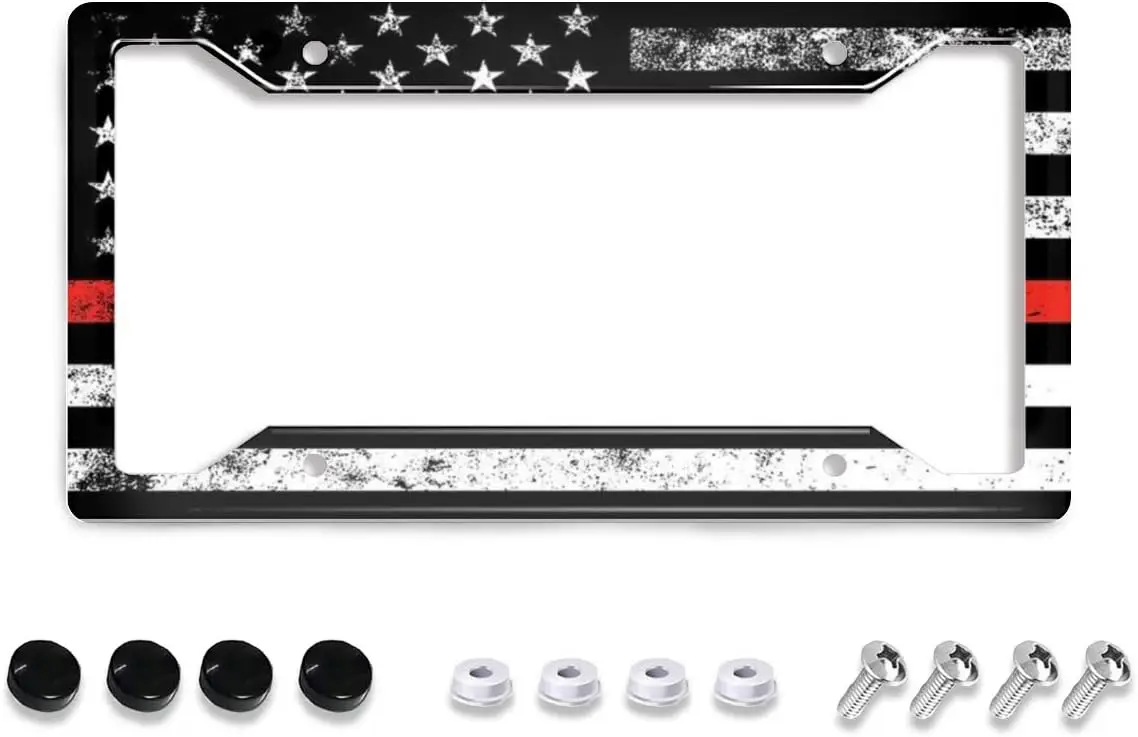 

License Plate Frame Aluminum Red Line Flag Firefighters License Plate Cover Car Tag Holder with 4 Holes and Screws for Women Men