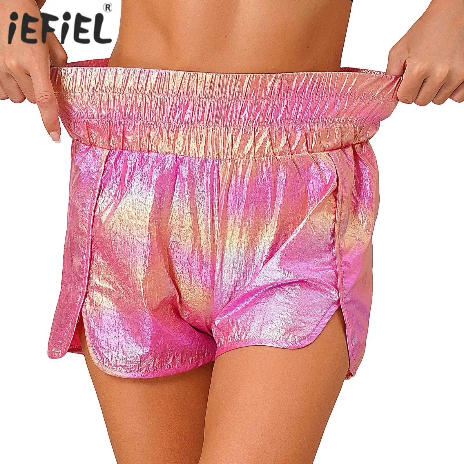 

Womens Metallic Side Split Rave Shorts Shiny High Waist Wide Elastic Waistband Hot Pants Music Festival Rave Party Clubwear