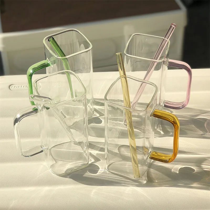 400ml Design Colorful Ear Glass Mug Handmade Simple square Coffee Cup for Hot Water Tumbler Gift Drinkware |