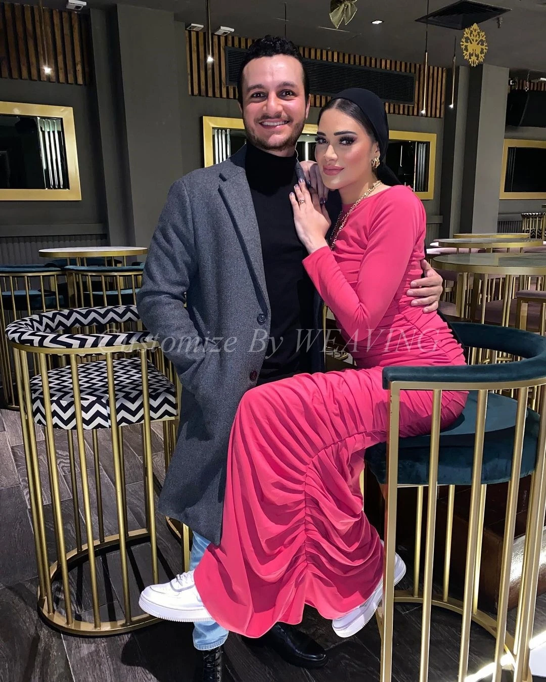 

Watermelon Red Chiffon Long Sleeves Prom Dresses Mermaid O-Neck Pleated Saudi Arabic Women Prom Gowns Formal Party Dress