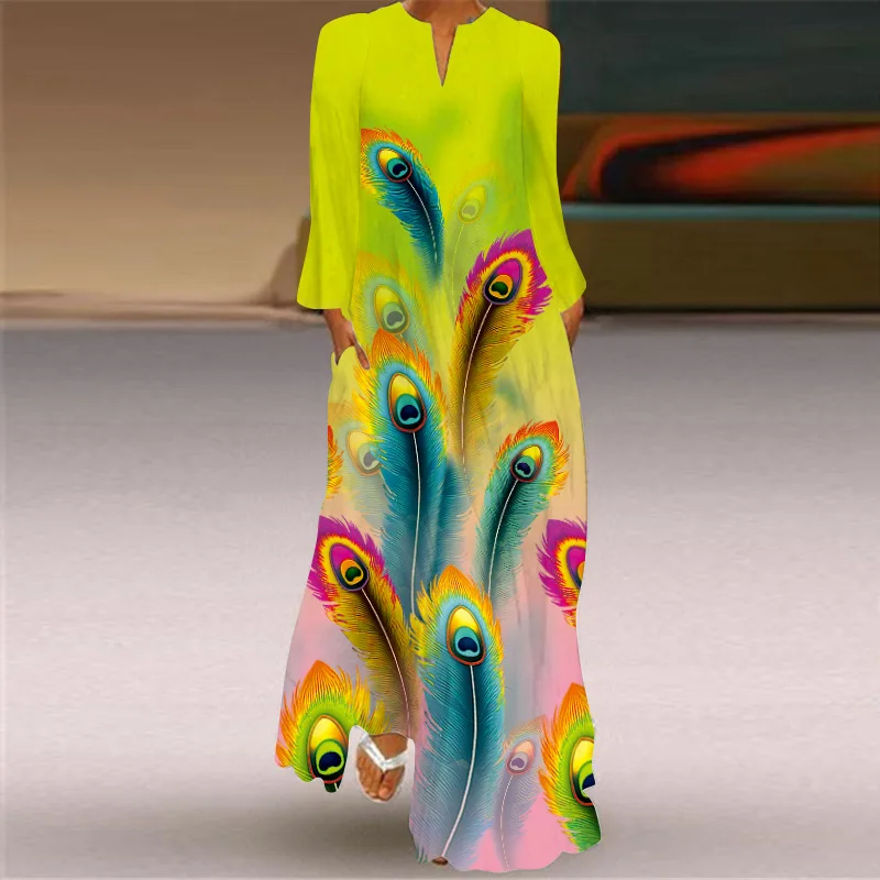 Spring And Autumn Women's Fashion Peacock Feathers Print Long Sleeved Dress Elegant Woman Small V-neck Pocket Casual