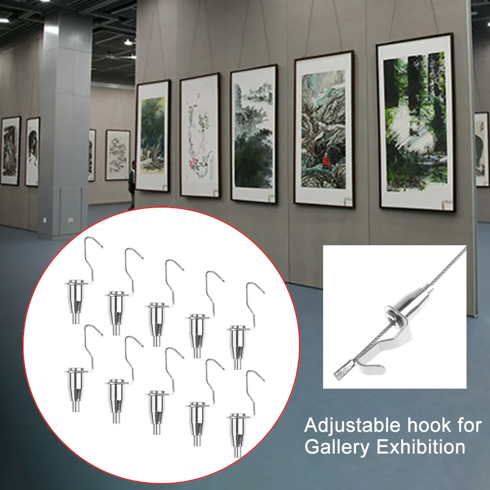 

10pcs Picture Hanging Exhibition Accessory Art Gallery Wirerope Easy Install Adjustable Metal Strong Bearing Painting Hook