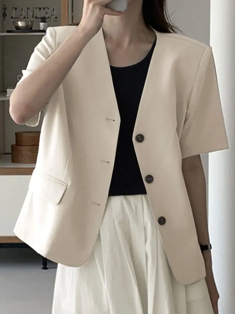 

Куртка ZANZEA Женская тонкая с V-образным вырезом, повседневный офисный пиджак с короткими рукавами, на пуговицах, верхняя одежда, лето 2022