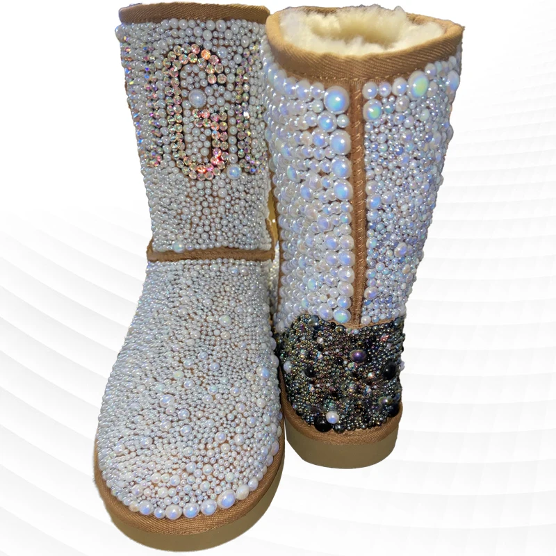 

Colorful rhineshewn hand custom velvet warm boots fur one all-in-one mid-calf boots women's large size 35-44