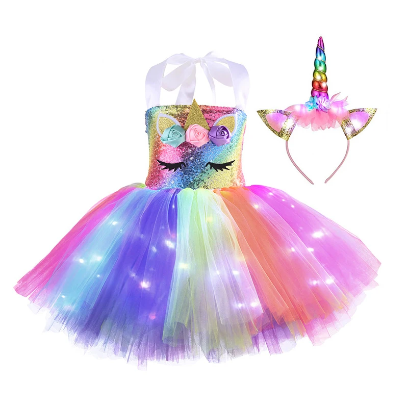 Girls Shiny Unicorn TUT Dress Glowing Kids Unicorn Dresses For Girls Hallowmas Party Princess Dress Children Clothing vestidos