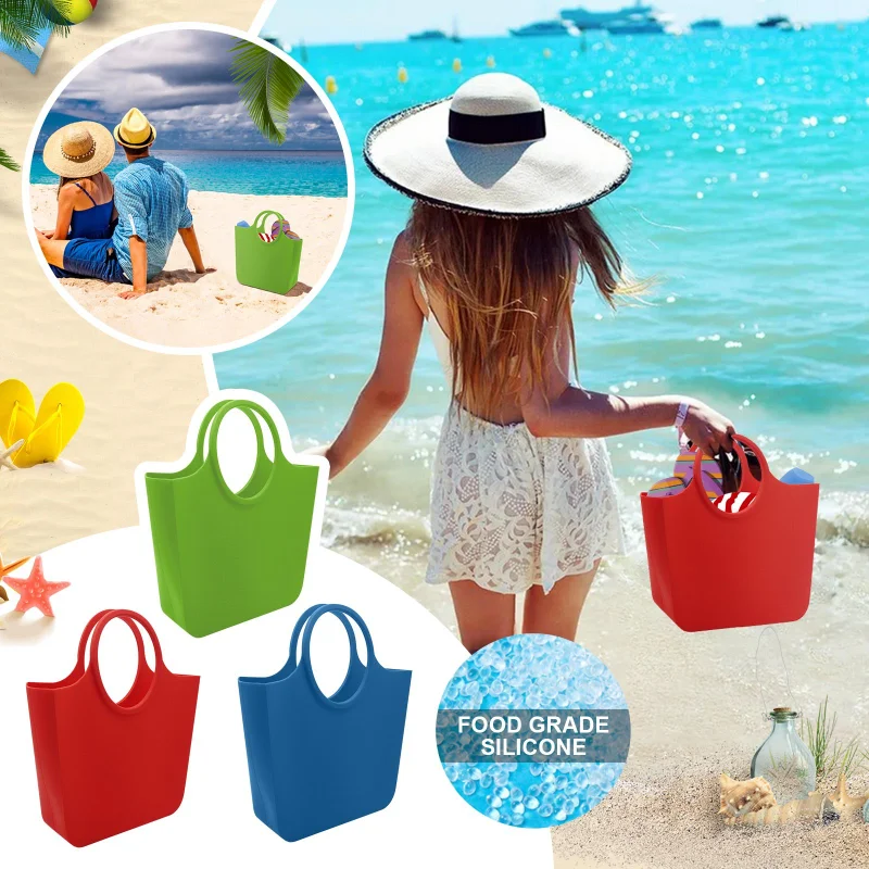 

Silicone Shopping Bags Rubber Beach Clothes Basket Picnic Food Organizer Bags Underarm Tote Bathroom Storage Bag Carrying Tote