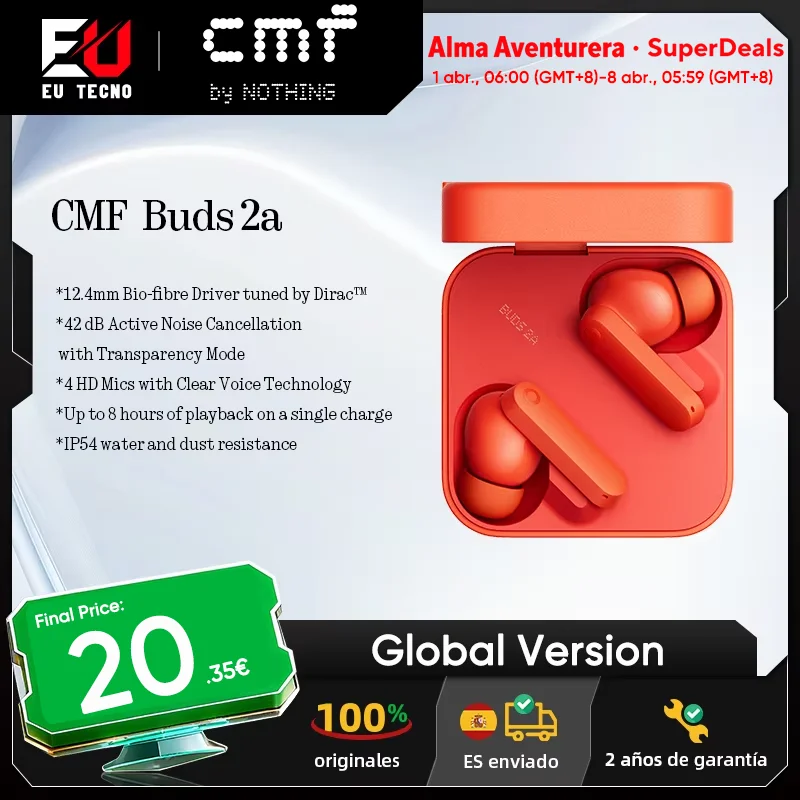 Global Version CMF Buds 2a Earphone 12.4mm Driver 42dB Active Noise Cancellation ANC 4HD Mics IP54 Bluetooth 5.4 Earbuds