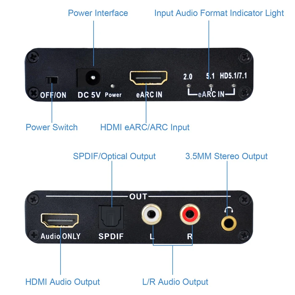Фото HDMI EARC ARC Audio Extractor 192 кГц EARC в RCA аудиоконвертер цифро-аналоговый адаптер для DTS Dolby Atoms AC3 LPCM Fiber №2