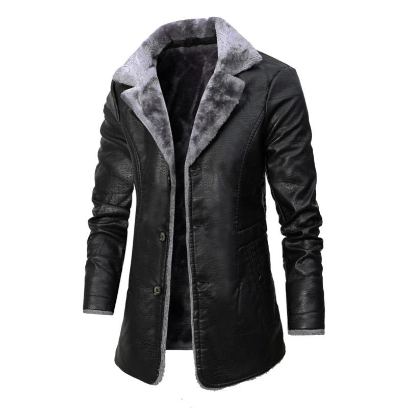 

Winter Mens Leather Jacket PU Coats Outwear Plus Size 4XL Bussiness Thick Warm Long Style Male Fur Lined Turn Down Collar Casual