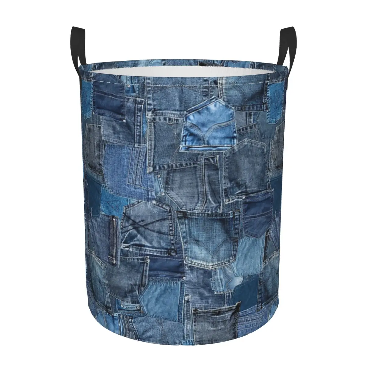 Blue Denim Jeans Pocket Patchwork Foldable Laundry Baskets Dirty Sundries Storage Basket Home Organizer Large Waterproof Hamper