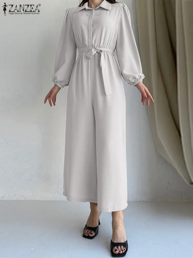 

Women Fashion Lapel Jumpsuits ZANZEA Long Puff Sleeve Solid Color Button Up Wide Leg Pant Overalls OL Tie Waisted Long Rompers