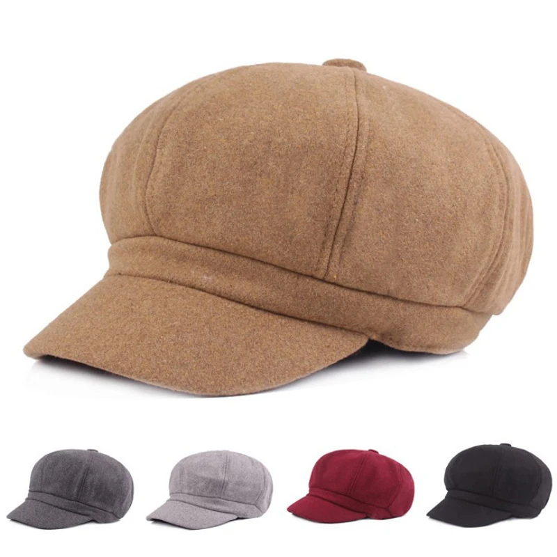 

Woolen Octagonal Hat All-match Fashion Warm Wide Brim Cap Female Sunscreen Dome Hats For Women Winter Solid Color Hats