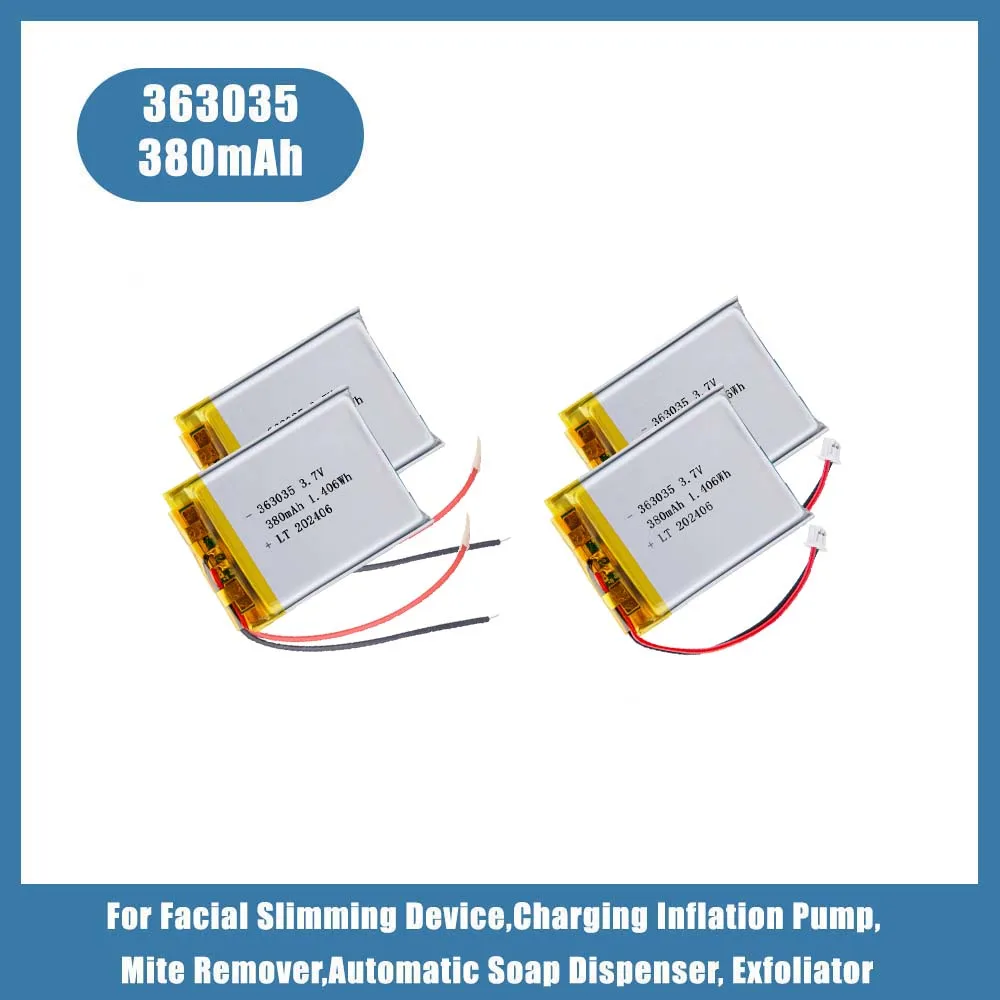 Фото Литий-полимерный аккумулятор 3.7V 380mAh 363035 для увлажнителей воздуха, GPS-навигаторов, умных носимых устройств, локаторов, массажеров-фасциальных пистолетов и устройств для удаления клещей №1