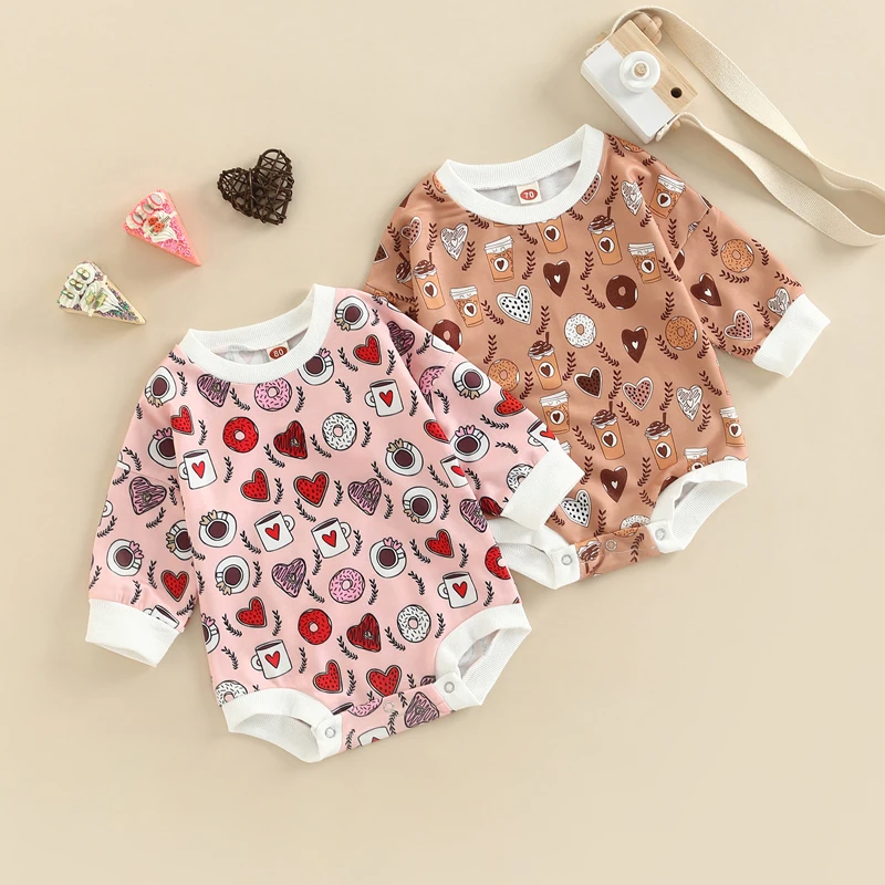 

Baby Girl Boy Sweatshirt Bodysuits Valentine Heart Print Crew Neck Long Sleeve Snaps Jumpsuit for Toddlers 0-24 Months