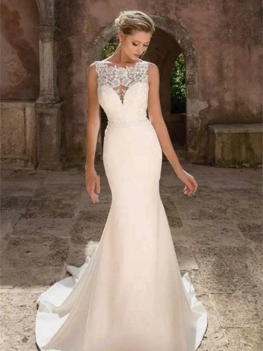 

Женское свадебное платье-русалка без рукавов, элегантное атласное платье с открытой спиной и кружевной аппликацией, модель 2024