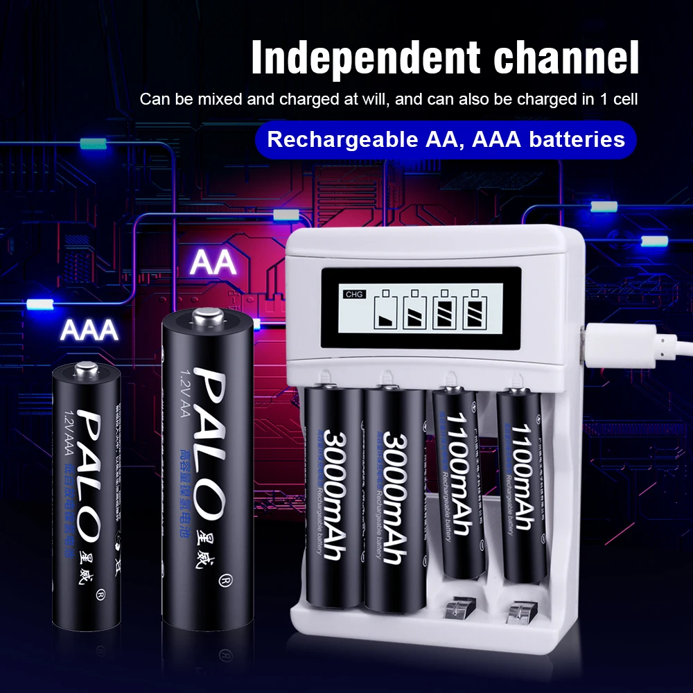 Фото Аккумуляторы PALO AA и AAA 3000 мАч NI-MH AA, батареи LR6 1100 мАч AAA LR3 + USB-зарядное устройство с LCD-дисплеем для аккумуляторов AA AAA 1.2В №1