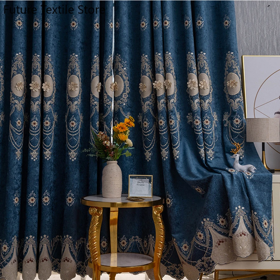

European Blue Flocking Three-Dimensional Flower Curtains For Living Room Luxury Rope Embroidered Blackout Bedroom Blind Drapes