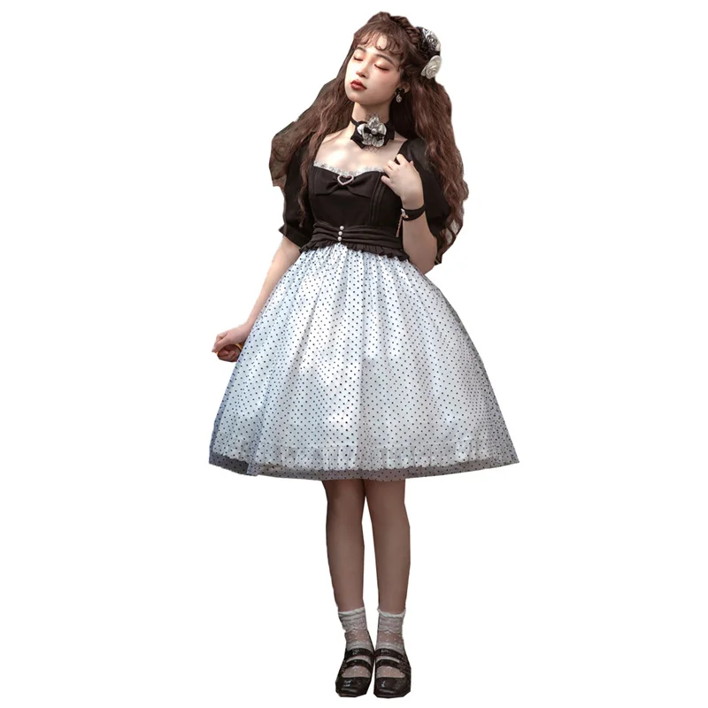 

Women Sweet Lolita Op Dress Square Neck Polka Dots Evening Party Dress Colorblock Patchwork High Waist Princess Cosplay Costume