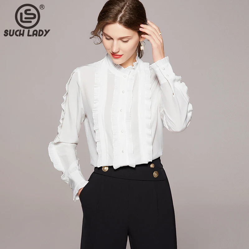

100% Natural Silk Women's Shirt Ruffled Collar Long Sleeves Pleated Elegant Fashion High Street Blouse Camisa Tops