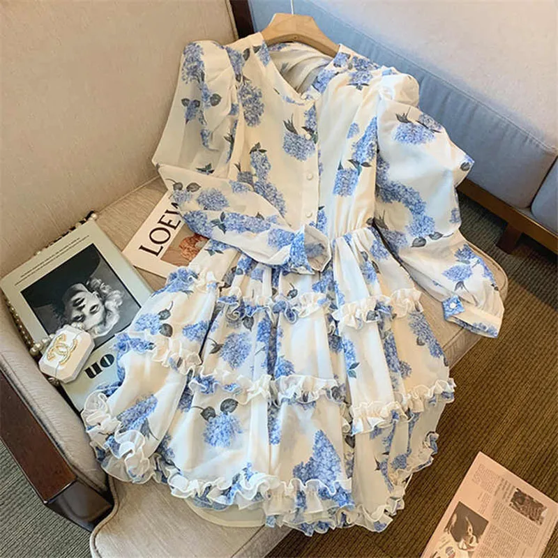 

Женское ажурное платье с открытой спиной, привлекательное однобортное Цветочное платье с V-образным вырезом и пышными рукавами, милое женск...