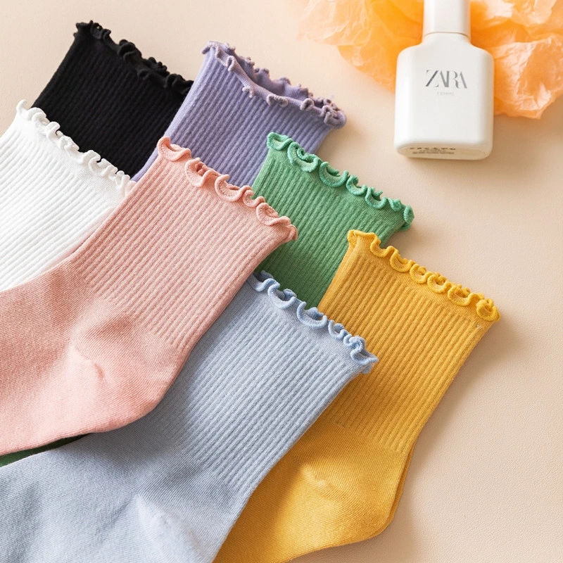 Ruffle Socks Women Girls Solid Color Kawaii Cute Frilly Lolita Japanese Maiden Cotton Harajuku Princess Crew Tube Middle Socks