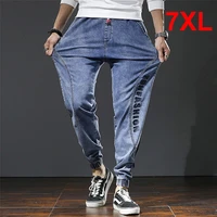 plus size 7xl jeans men 2022 fashion baggy jeans patchwork design denim pants casual pencil pants male elastic waist trousers