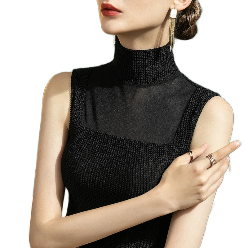 

Women Clothing Sleeveless Turtleneck Women's T-shirt Black Mesh Woman Top Summer Tops For Woman Elegant Design Shirt for Lady