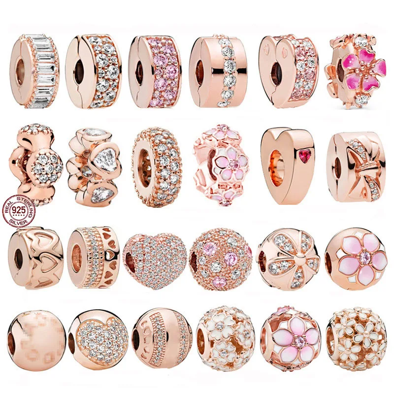 

New 925 Sterling Silver Rose Gold Sparkling Pink Round Beads fit Original Pandora Charm Bracelet Women DIY Jewelry