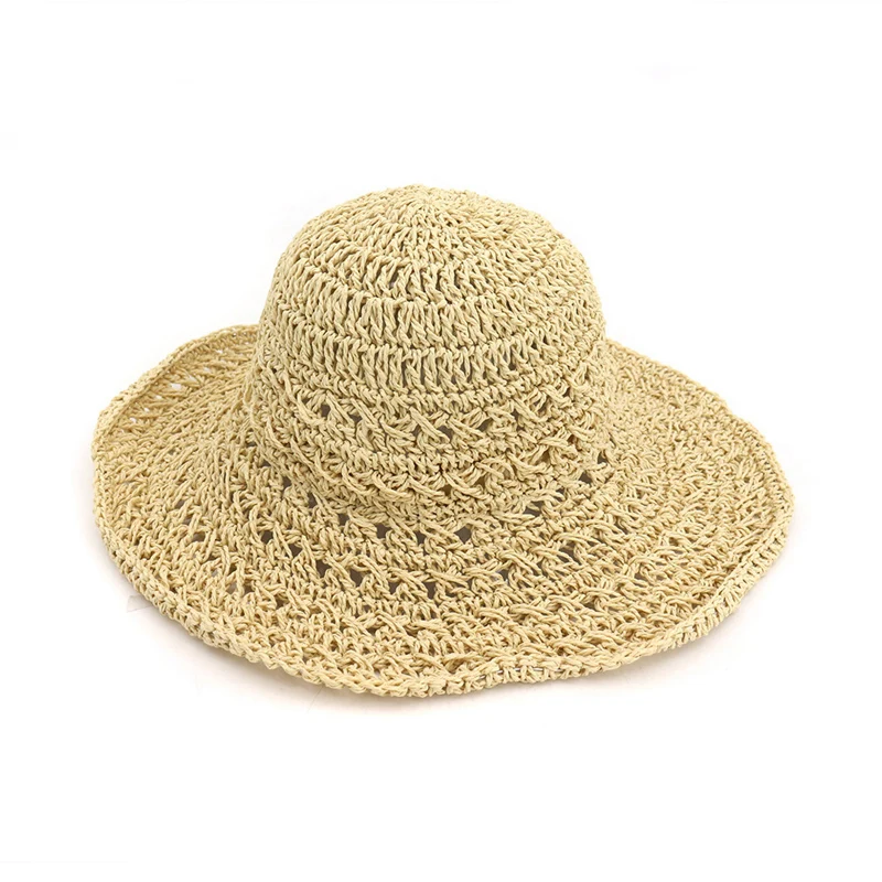 

Spring Summer New Hand-woven Crochet Women Straw Sun Hats Folding Lady Wide Brim Outdoor Beach Hat Sunscreen Cap Breathable