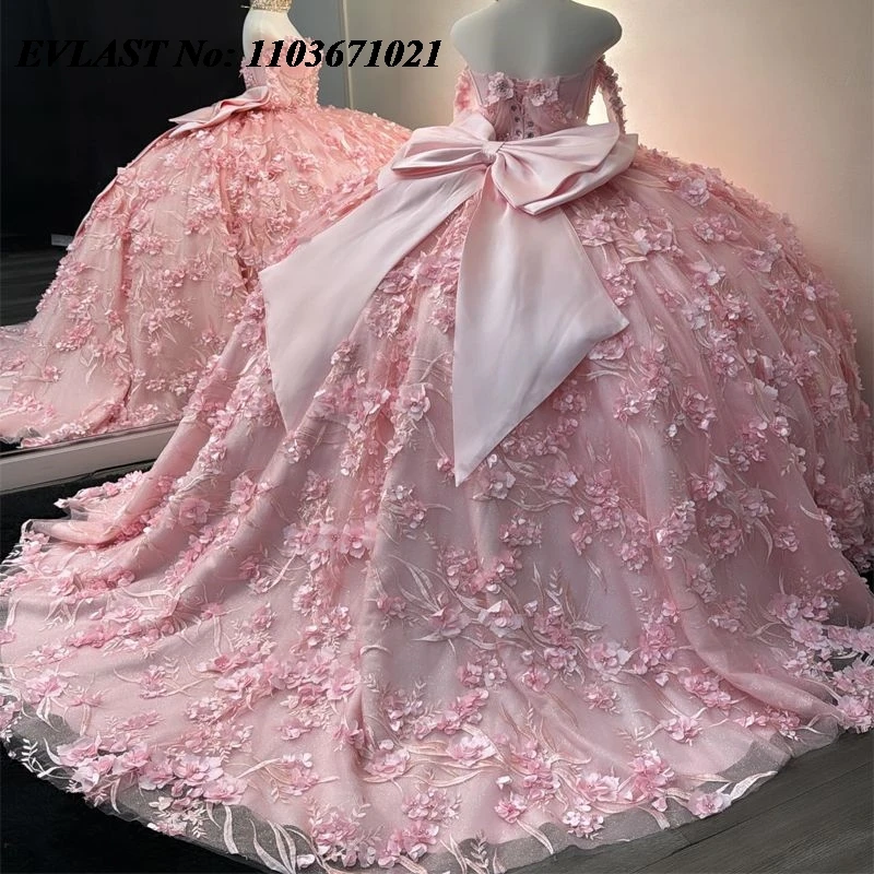 EVLAST Мексиканское розовое платье Quinceanera бальное с 3D цветочной аппликацией и