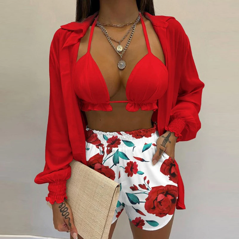 

European and American Women's New Hot Style Summer Sexy Suspender Top Printed Shorts Shirt Three-piece Suit Female Fashion