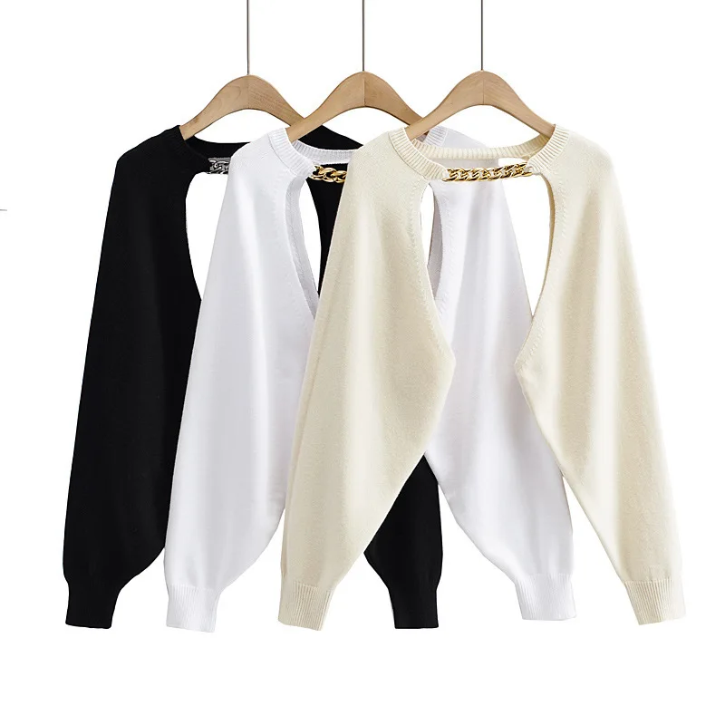 

2022Hot girl design sense chain long-sleeved knit pullover shawl