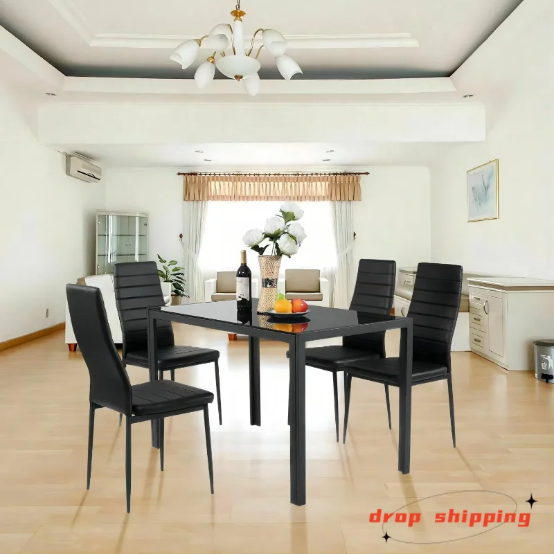 

SUGIFT 5 Pieces Dining Room Set Tempered Glass Dining Table with 4 Chairs, Black table and chairs set