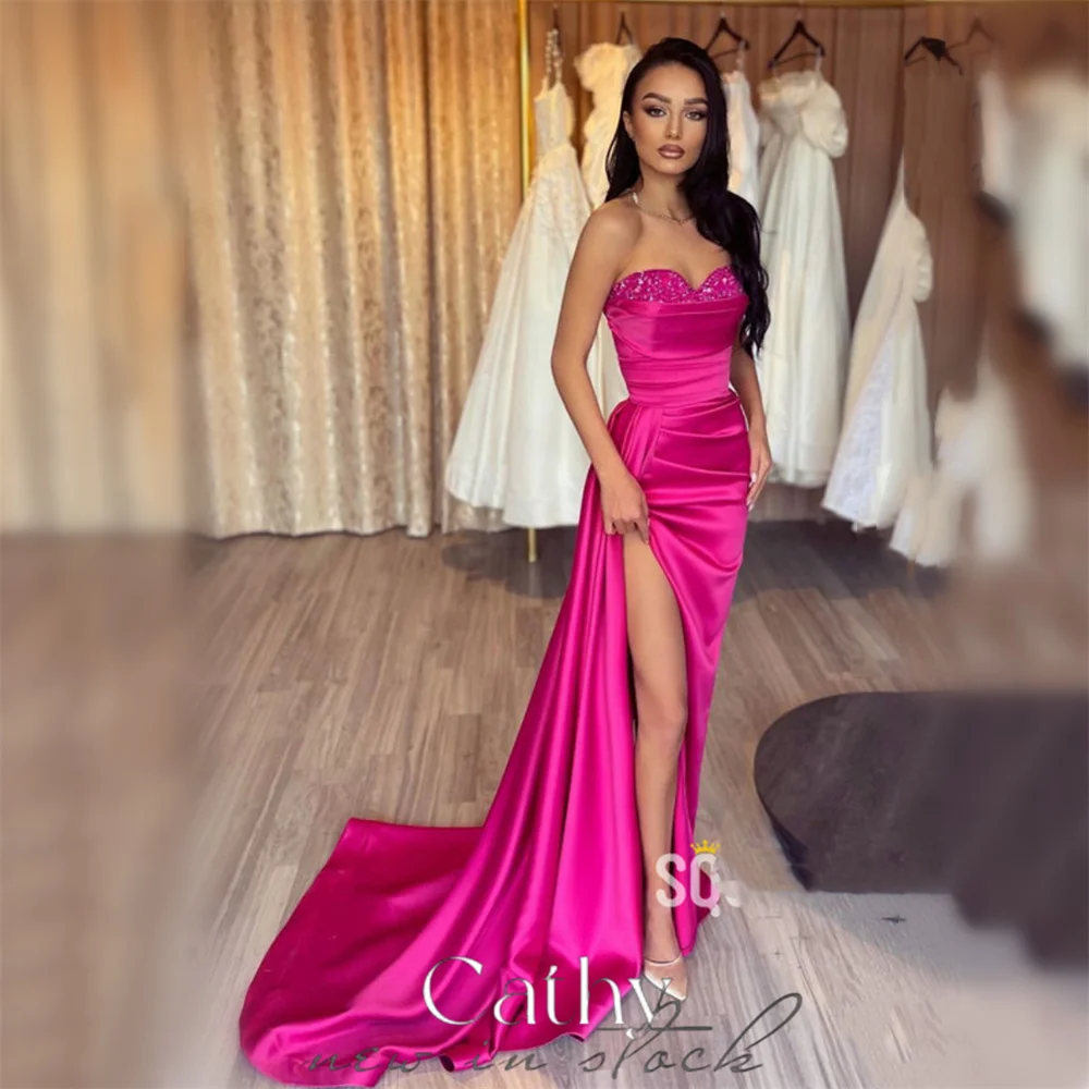 

Cathy Off Shoulder Mermaid Long Train vestidos de fiesta para mujer Sexy Side High Split Prom Dress Pink Satin فساتين طويلة