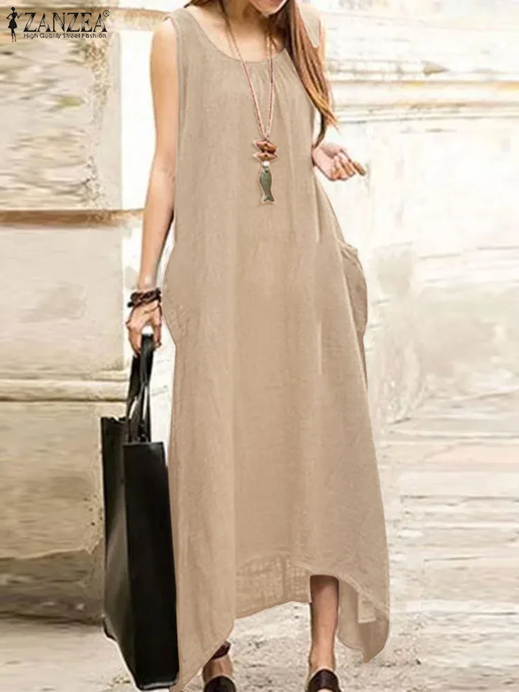 

ZANZEA Summer Sleeveless Solid Holiday Midi Dress Women Vintage Sundress Loose Casual Beach Cotton Vestido Sarafans Robe Femme