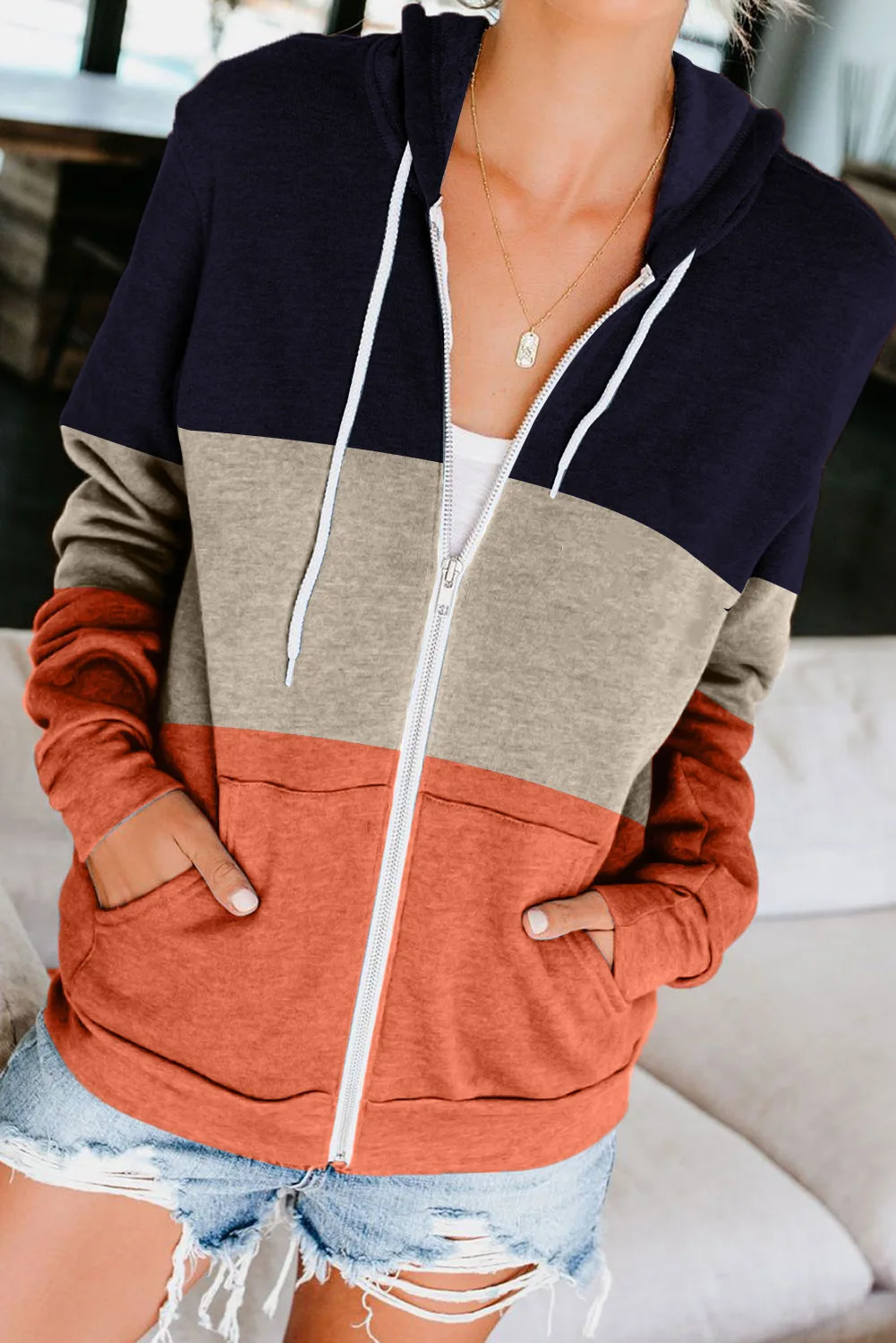 2022 Autumn and Winter European and American Long-sleeved Color Contrast Hooded Sweater Women's Zipper Pocket Cardigan Jacket