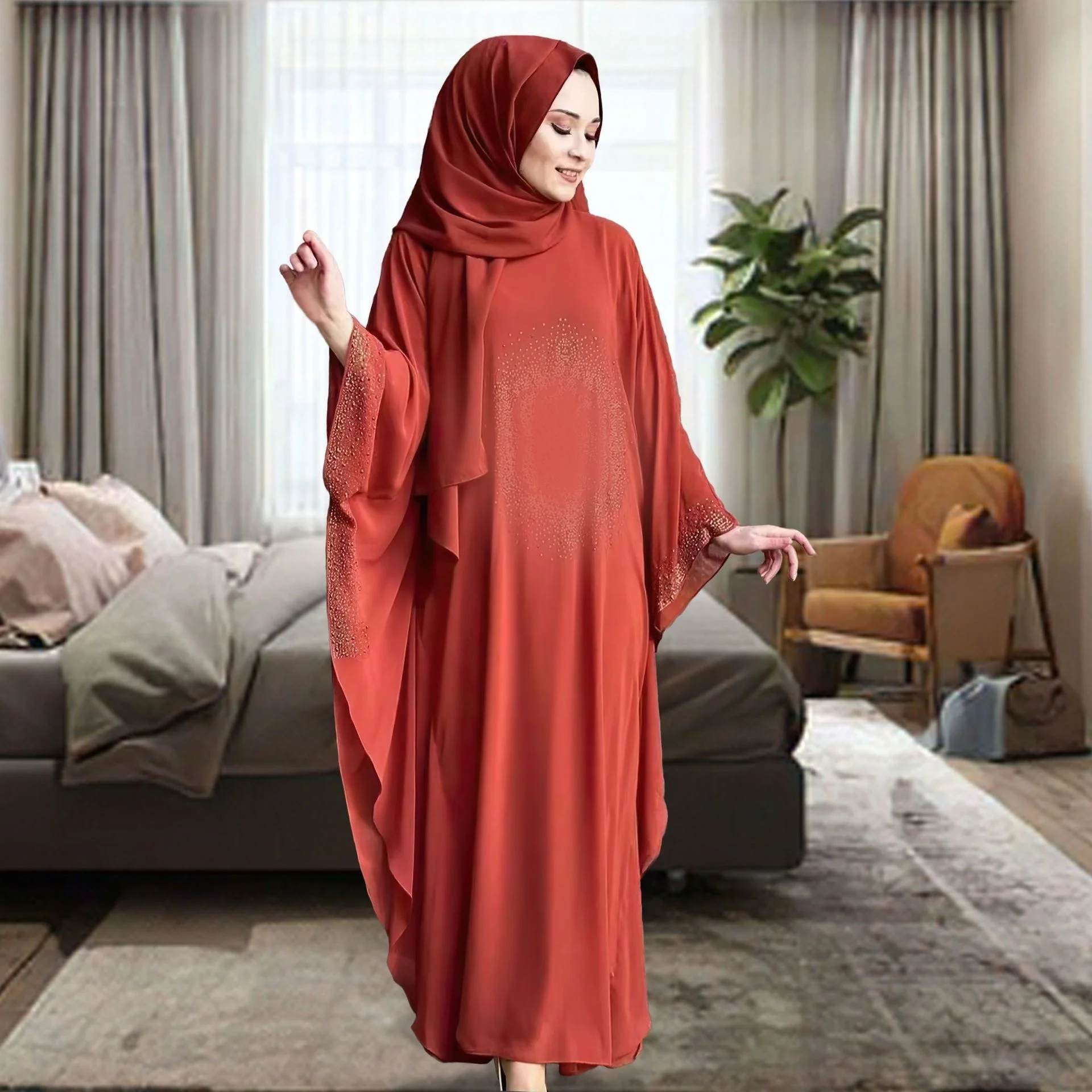 Abaya For Women Muslin Ramadan Robe Chiffon Hot Diamond Dress With Headcard Arabic Dubai Islam Abaya With Bat Sleeves Clothing