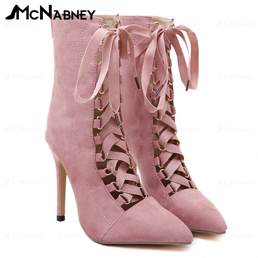 Modern Boots Mid Boots Cross Lace Up Boots Pointed Toe Stiletto Women Shoes Sexy Fashion Style Shoes for Ladies Dress Casual