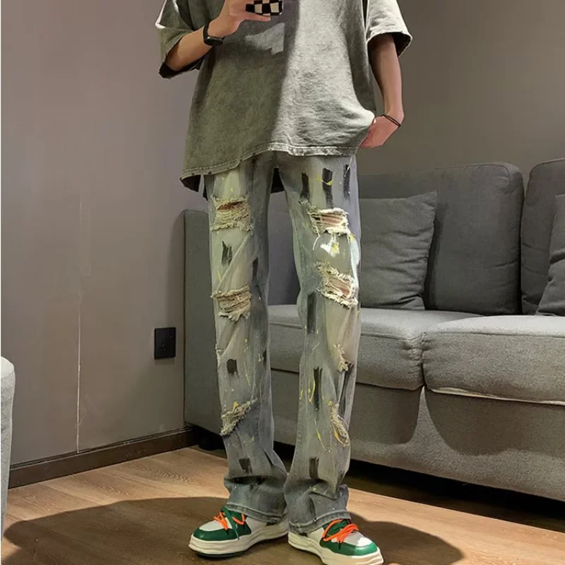 DEEPTOWN Ripped Print Jeans Men Vintage Fashion Hip Hop Denim Pants Loose Straight Hole Trousers Male Streetwear Punk Spring