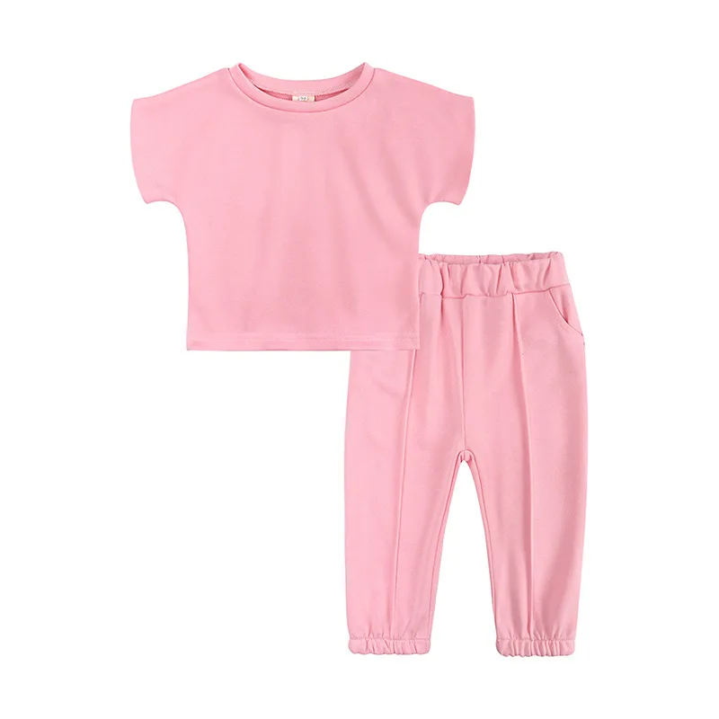 

Fashion Kids Girls Pink Red Tracksuit 2 Pieces Sets Cotton Casual T-shirt+Elastic Waist Pants Clothes Set Children Outfits
